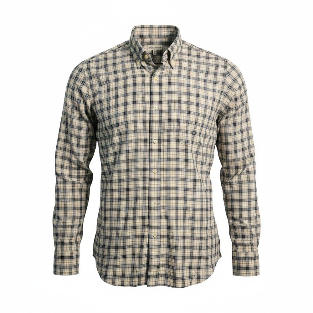 Peter Millar Mens Large Plaid Cotton Button Up Shirt Blue Tan Long Sleeve Casual